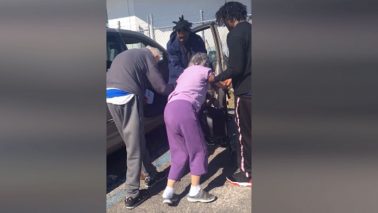 Touching moment of men helping elderly couple into their car!